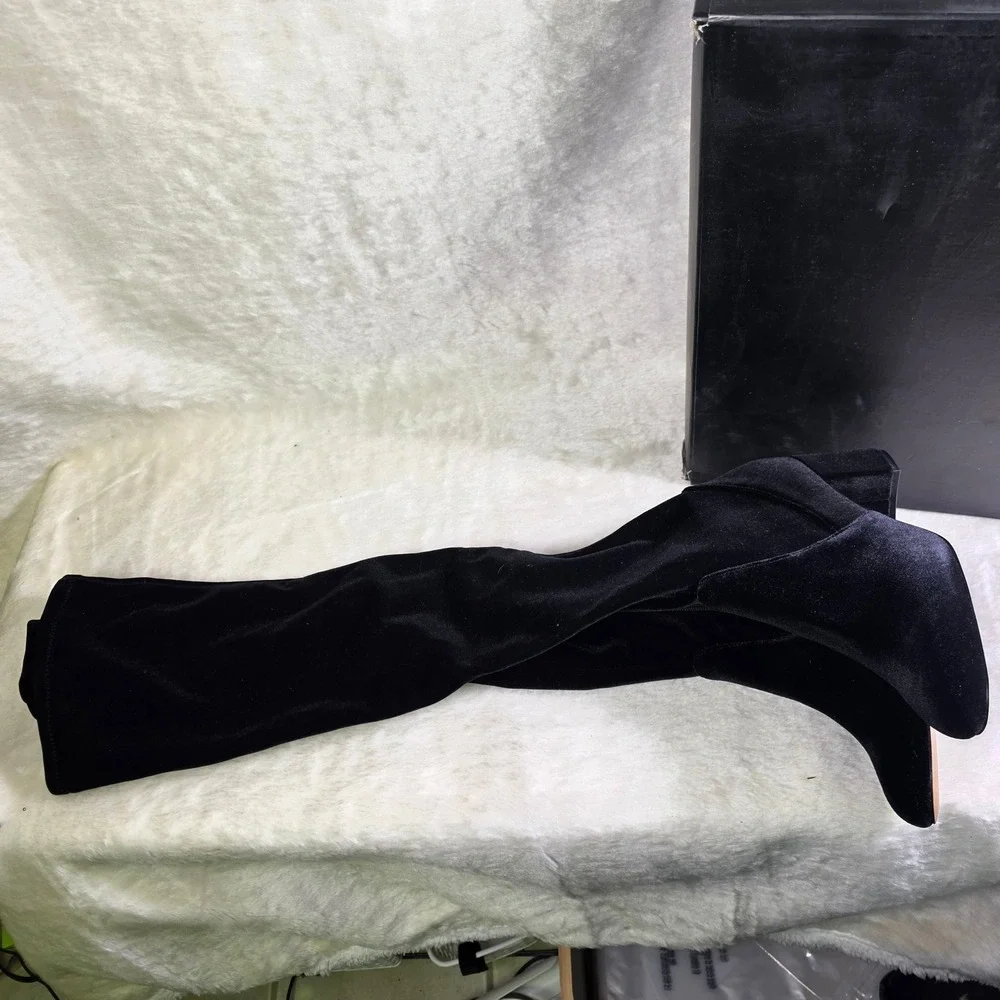 INC Over The Knee Boots Black Stretch Velvet Side Zip Chunky Heel Women 6M